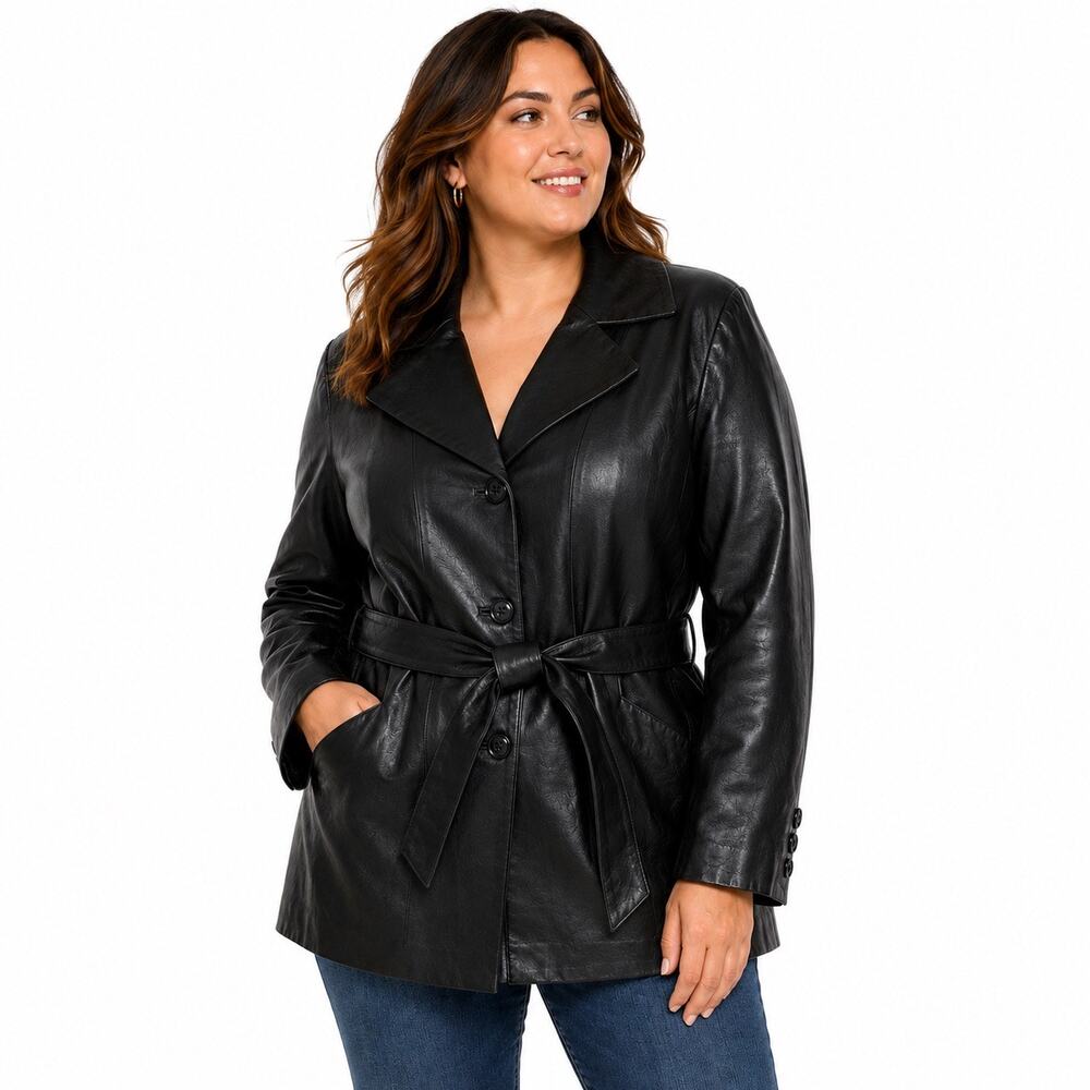 East 5th Genuine Leather Belted Jacket Women’s 1X Black Leather Coat Plus Size